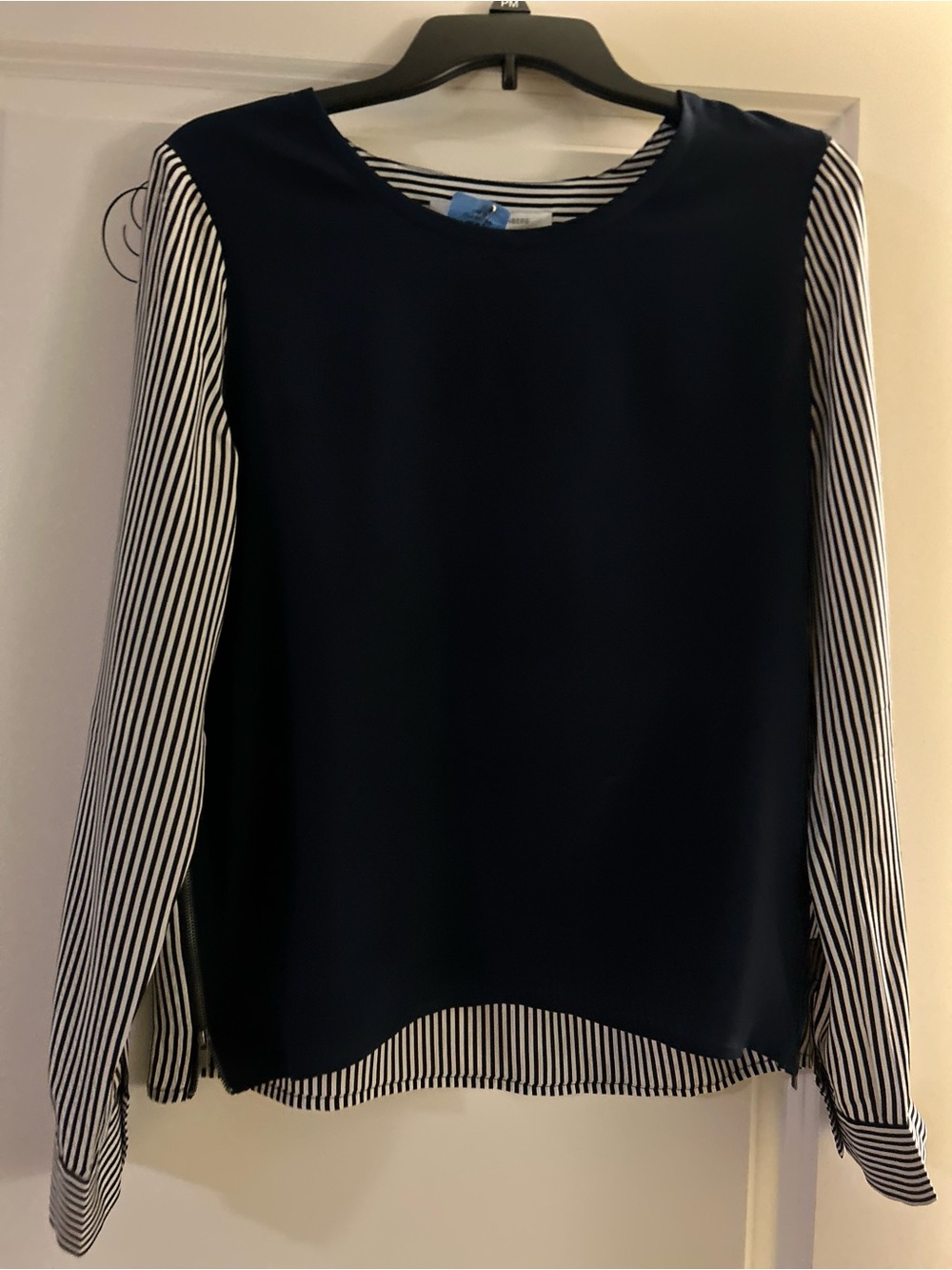 Diane Von Furstenberg Navy Front with Striped Sleeve Blouse